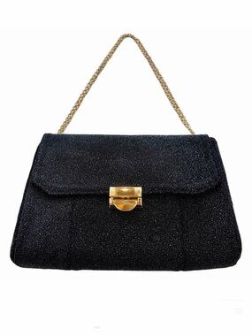 Lauren Merkin Glittery Black Beaded-Texture Shoulder Clutch Gold Latch Chain EUC